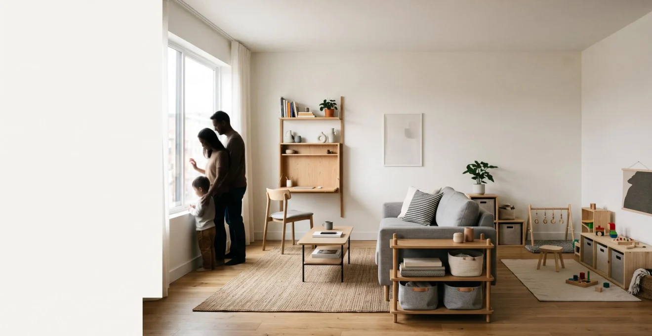 Salón familiar luminoso y ordenado que sugiere cómo un piso pequeño se adapta a una familia numerosa