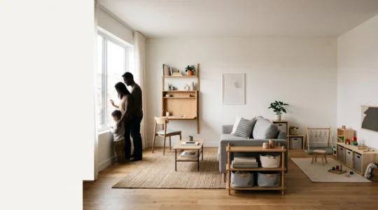 Salón familiar luminoso y ordenado que sugiere cómo un piso pequeño se adapta a una familia numerosa