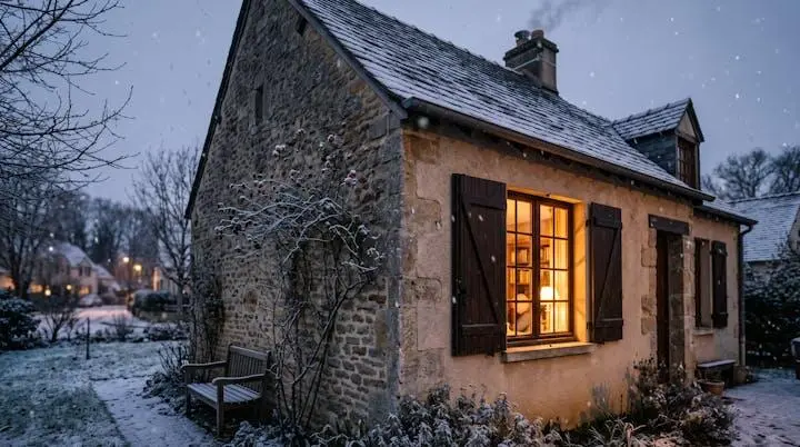 Fachada de una vivienda europea en invierno mostrando el contraste entre el frío exterior y el calor protegido en el interior gracias al aislamiento térmico