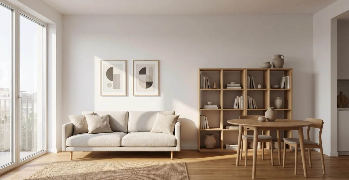 Salón luminoso de un piso de 80 metros cuadrados amueblado con piezas modernas y asequibles, con espacio de almacenaje funcional y luz natural.