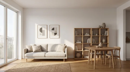 Salón luminoso de un piso de 80 metros cuadrados amueblado con piezas modernas y asequibles, con espacio de almacenaje funcional y luz natural.