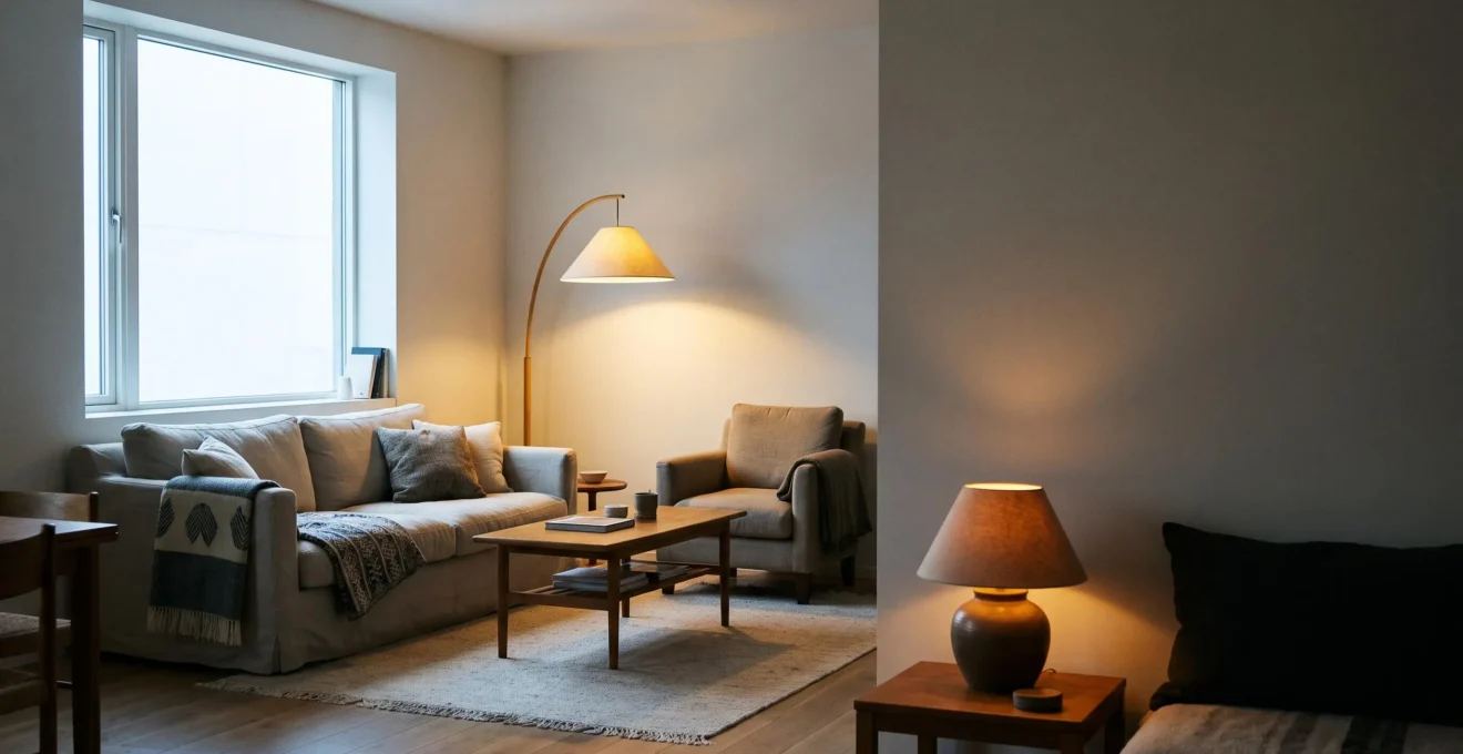 Salón moderno iluminado con tres capas de luz diferentes que reflejan distintos momentos del día