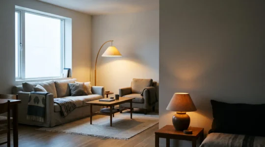 Salón moderno iluminado con tres capas de luz diferentes que reflejan distintos momentos del día