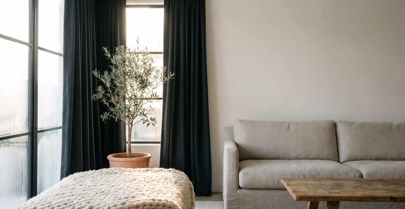 Salon acogedor con cortinas termicas gruesas semiabiertas dejando entrar luz de invierno junto a una ventana