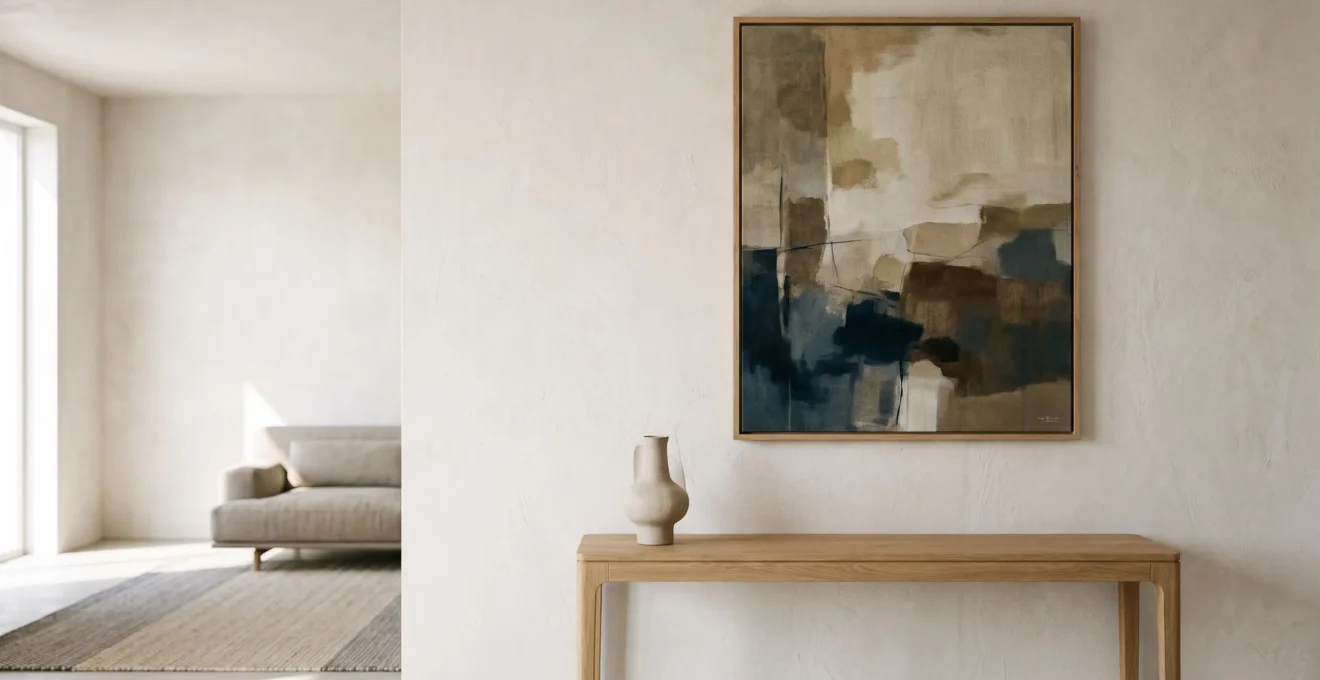 Un único cuadro enmarcado transforma una pared blanca y vacía en el punto focal de un salón luminoso y contemporáneo