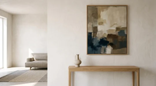 Un único cuadro enmarcado transforma una pared blanca y vacía en el punto focal de un salón luminoso y contemporáneo