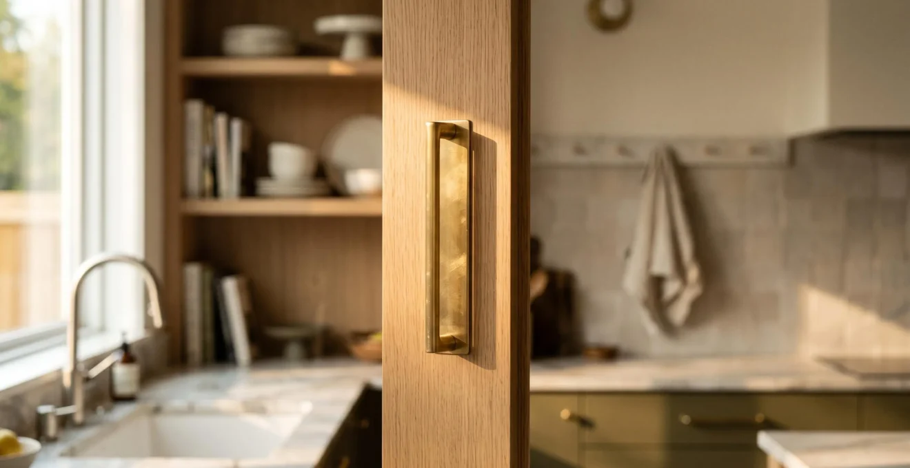 Detalle de un tirador de latón macizo sobre un mueble de cocina minimalista, simbolizando los toques finales de una reforma con calidad de arquitecto