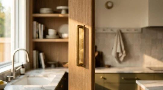 Detalle de un tirador de latón macizo sobre un mueble de cocina minimalista, simbolizando los toques finales de una reforma con calidad de arquitecto