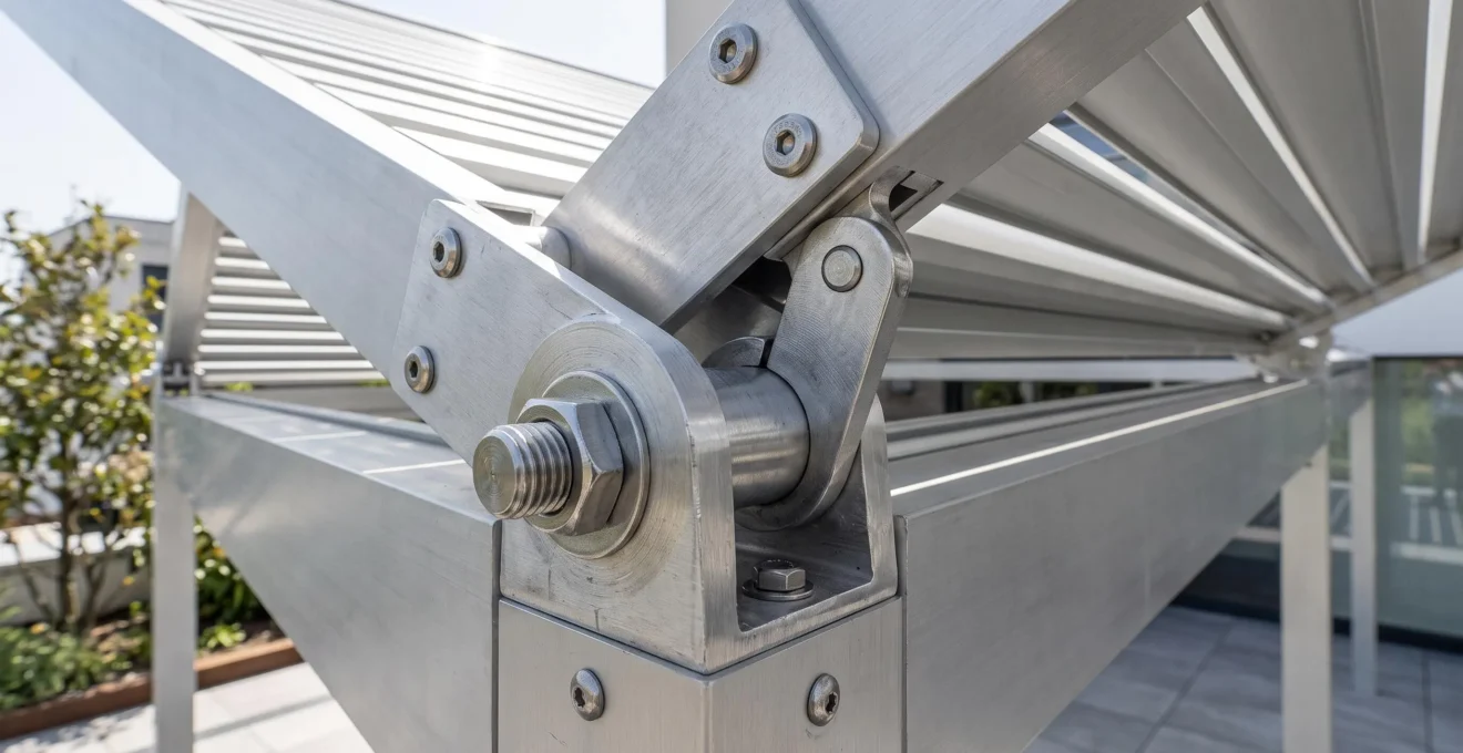 Primer plano extremo del mecanismo de bisagras de una pérgola de aluminio, textura metálica visible con enfoque nítido sobre las articulaciones estructurales
