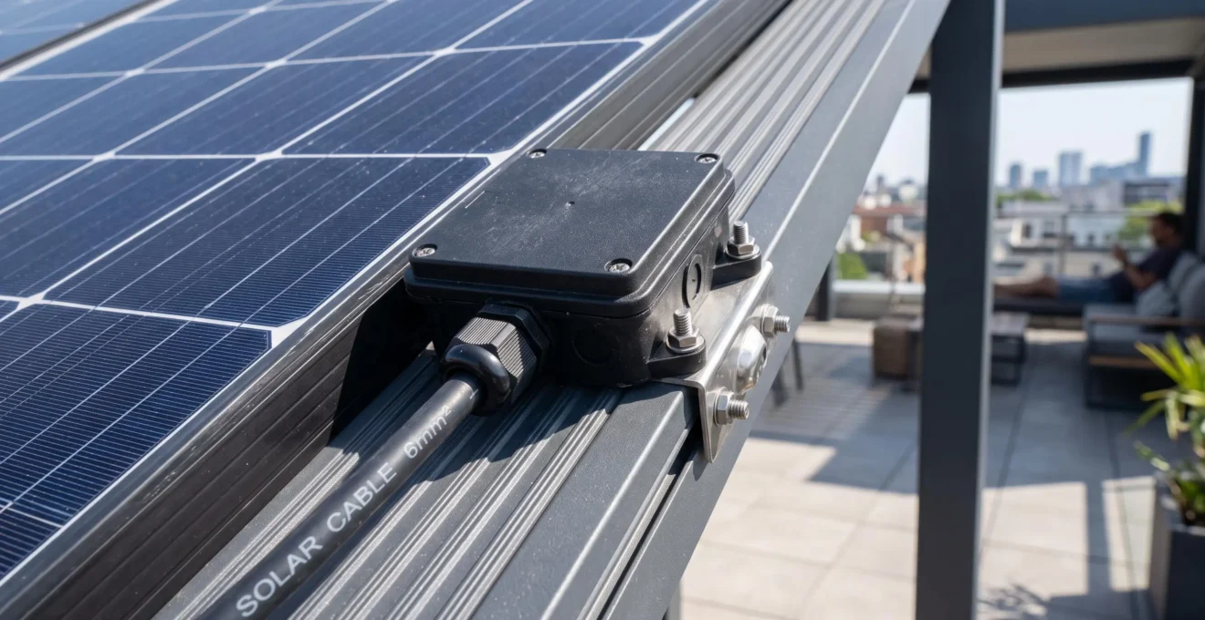 Primer plano extremo de la unión de un panel fotovoltaico con la estructura de aluminio de una pérgola solar moderna con fondo desenfocado de terraza