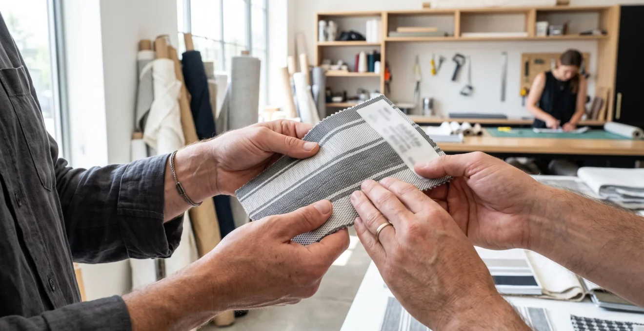 Manos de persona sujetando y examinando de cerca una muestra rectangular de tejido técnico para toldo en ambiente interior luminoso con luz natural lateral
