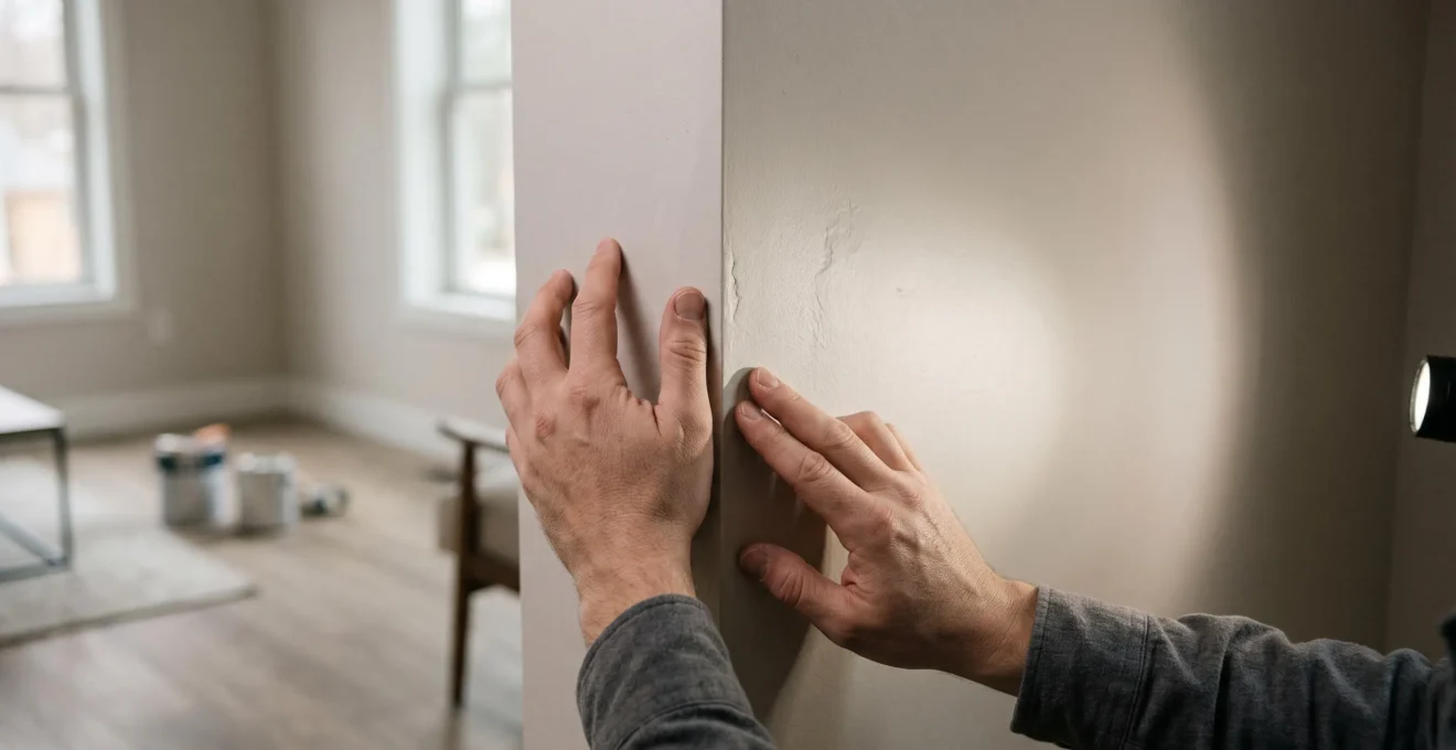 Manos revisando con detalle el acabado de una pared recién reformada bajo una luz rasante que revela imperfecciones