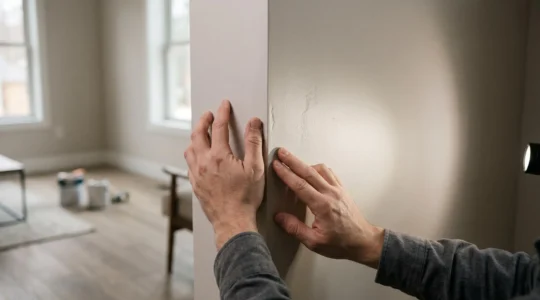 Manos revisando con detalle el acabado de una pared recién reformada bajo una luz rasante que revela imperfecciones