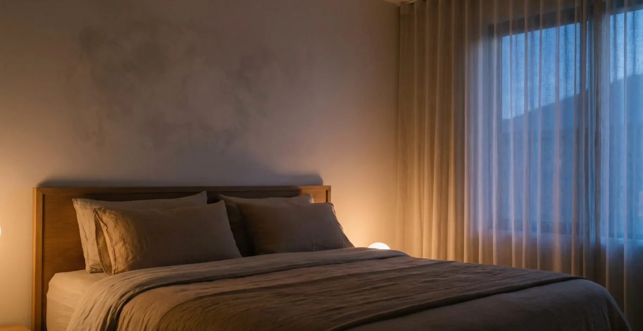 Dormitorio sereno y oscuro con luz cálida tenue que invita a un sueño profundo y reparador