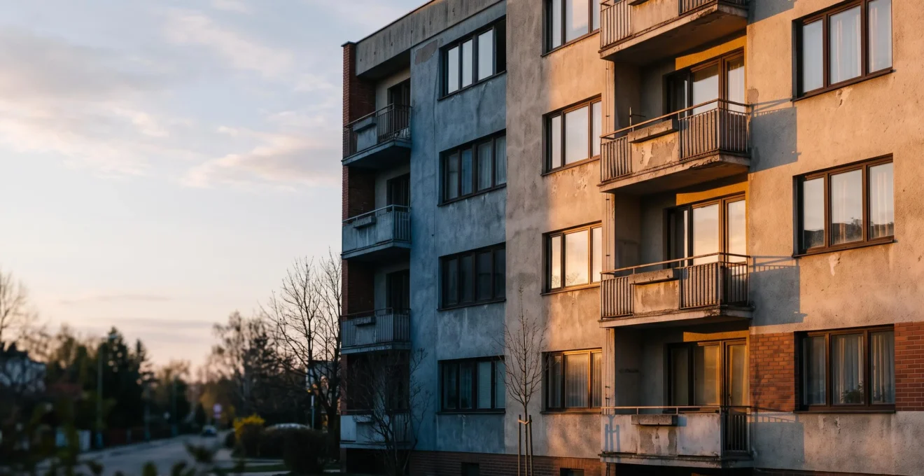 Fachada de un edificio residencial al atardecer que simboliza el ahorro energético gracias a una reforma de aislamiento térmico