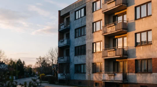 Fachada de un edificio residencial al atardecer que simboliza el ahorro energético gracias a una reforma de aislamiento térmico