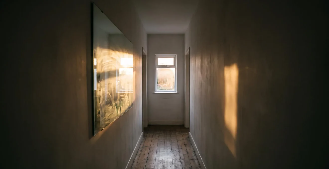 Espejo grande colocado en un pasillo oscuro que refleja la luz de una única ventana, creando profundidad y luminosidad