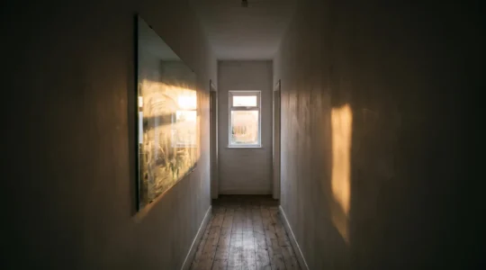 Espejo grande colocado en un pasillo oscuro que refleja la luz de una única ventana, creando profundidad y luminosidad