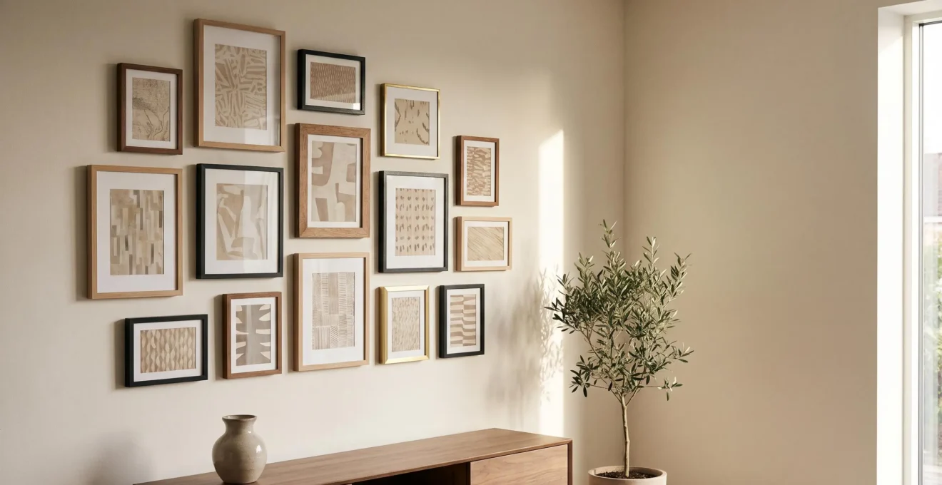 Pared de salón con una galería de fotos familiares organizada de forma elegante y equilibrada