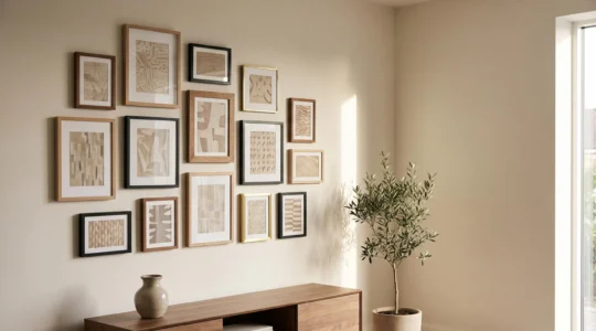 Pared de salón con una galería de fotos familiares organizada de forma elegante y equilibrada