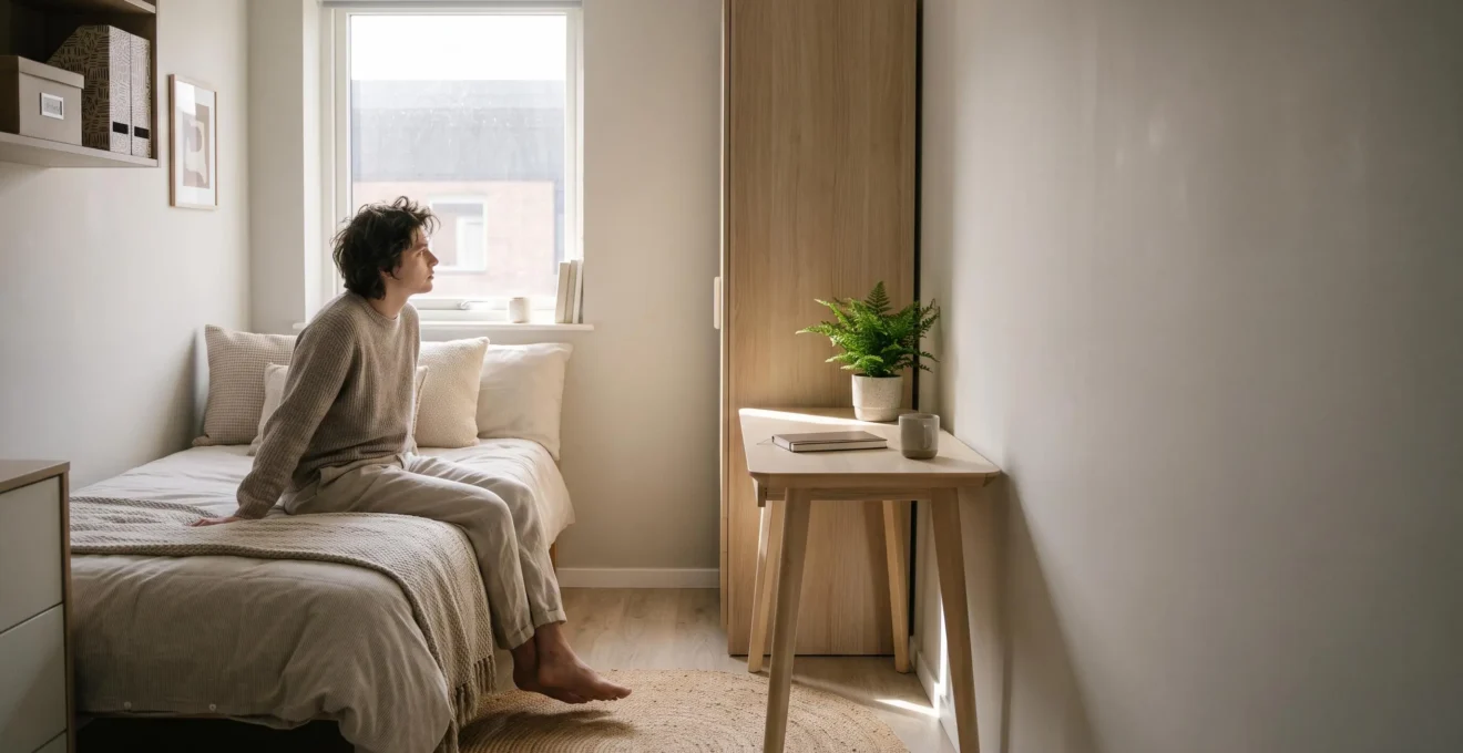 Dormitorio pequeño de 9 metros cuadrados con cama, escritorio y armario integrados de forma armoniosa y luminosa