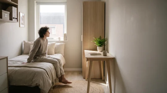 Dormitorio pequeño de 9 metros cuadrados con cama, escritorio y armario integrados de forma armoniosa y luminosa