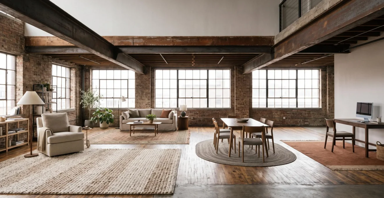 Loft amplio y luminoso dividido en cuatro zonas de estilo de vida mediante el uso estratégico de alfombras de distintas texturas y tonos.