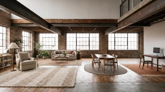 Loft amplio y luminoso dividido en cuatro zonas de estilo de vida mediante el uso estratégico de alfombras de distintas texturas y tonos.