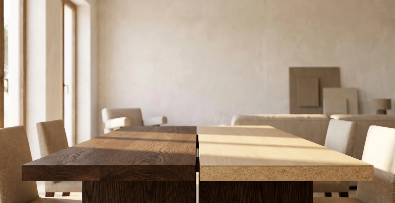 Comparativa visual entre una mesa de madera maciza y una de aglomerado en un salon luminoso