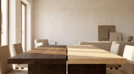 Comparativa visual entre una mesa de madera maciza y una de aglomerado en un salon luminoso