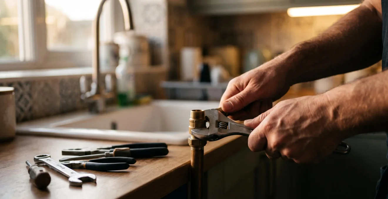Manos de una persona reparando una tubería doméstica con herramientas básicas de bricolaje sobre un fondo cálido y minimalista