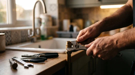 Manos de una persona reparando una tubería doméstica con herramientas básicas de bricolaje sobre un fondo cálido y minimalista