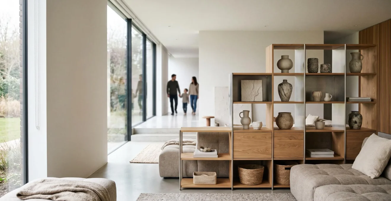 Salón moderno y luminoso con mobiliario modular flexible que se adapta a distintas etapas de la vida familiar