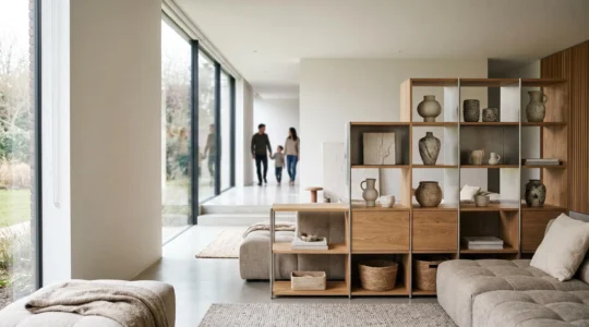 Salón moderno y luminoso con mobiliario modular flexible que se adapta a distintas etapas de la vida familiar