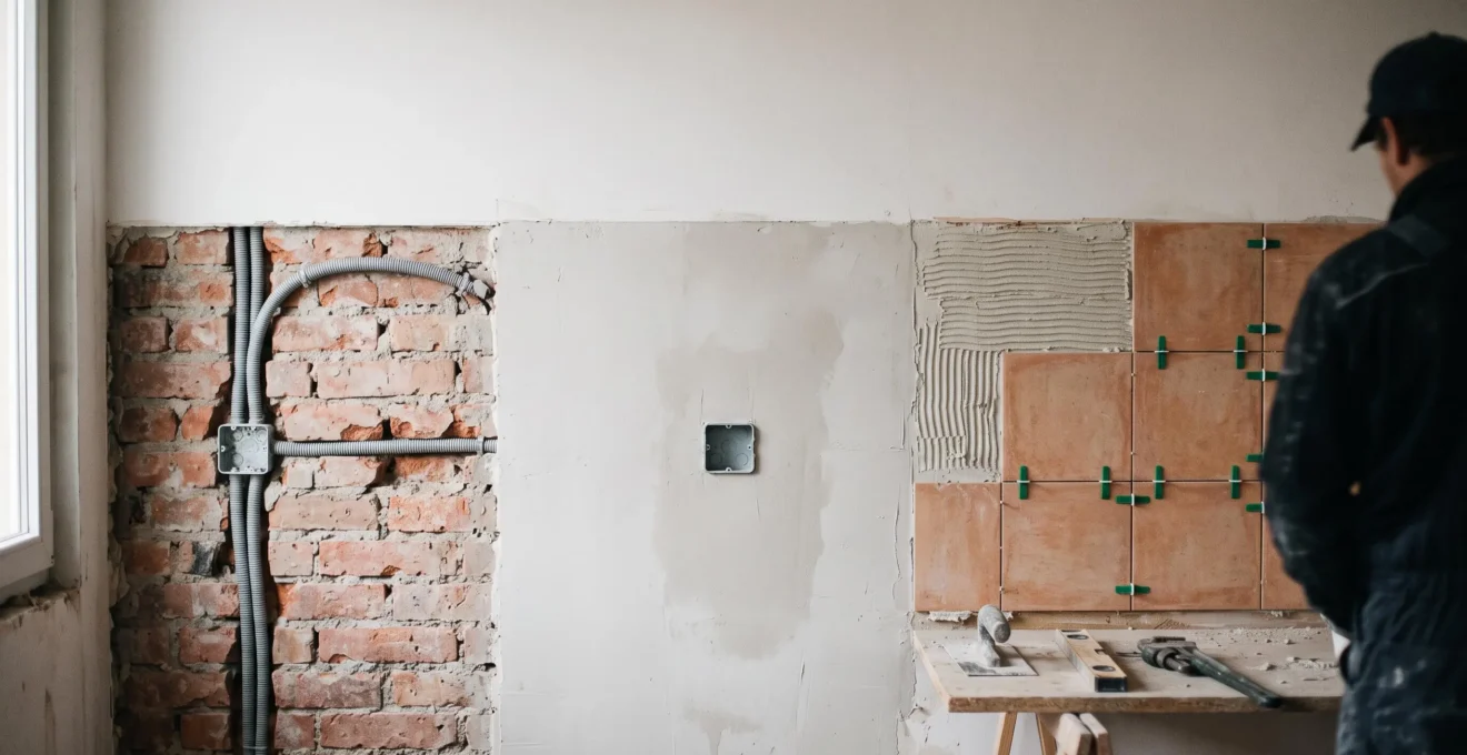 Escena editorial que representa el orden de trabajo entre fontanero, electricista y alicatador en una reforma de vivienda