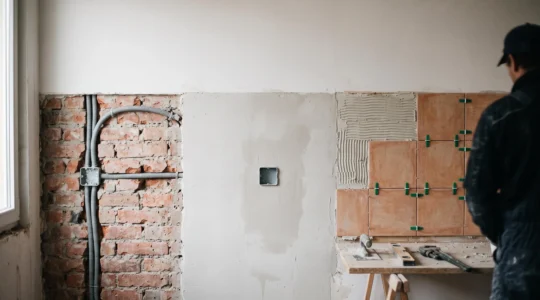 Escena editorial que representa el orden de trabajo entre fontanero, electricista y alicatador en una reforma de vivienda
