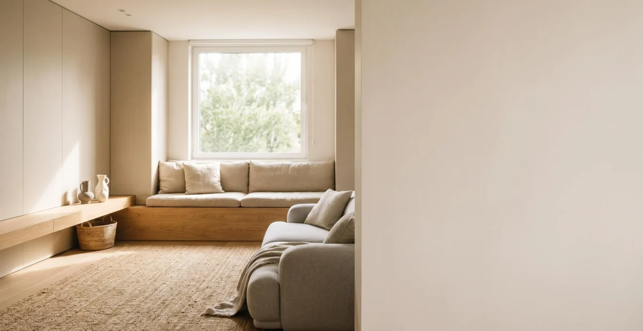 Salón moderno y minimalista con soluciones de almacenaje oculto que maximizan el espacio útil sin desorden visible