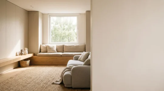 Salón moderno y minimalista con soluciones de almacenaje oculto que maximizan el espacio útil sin desorden visible