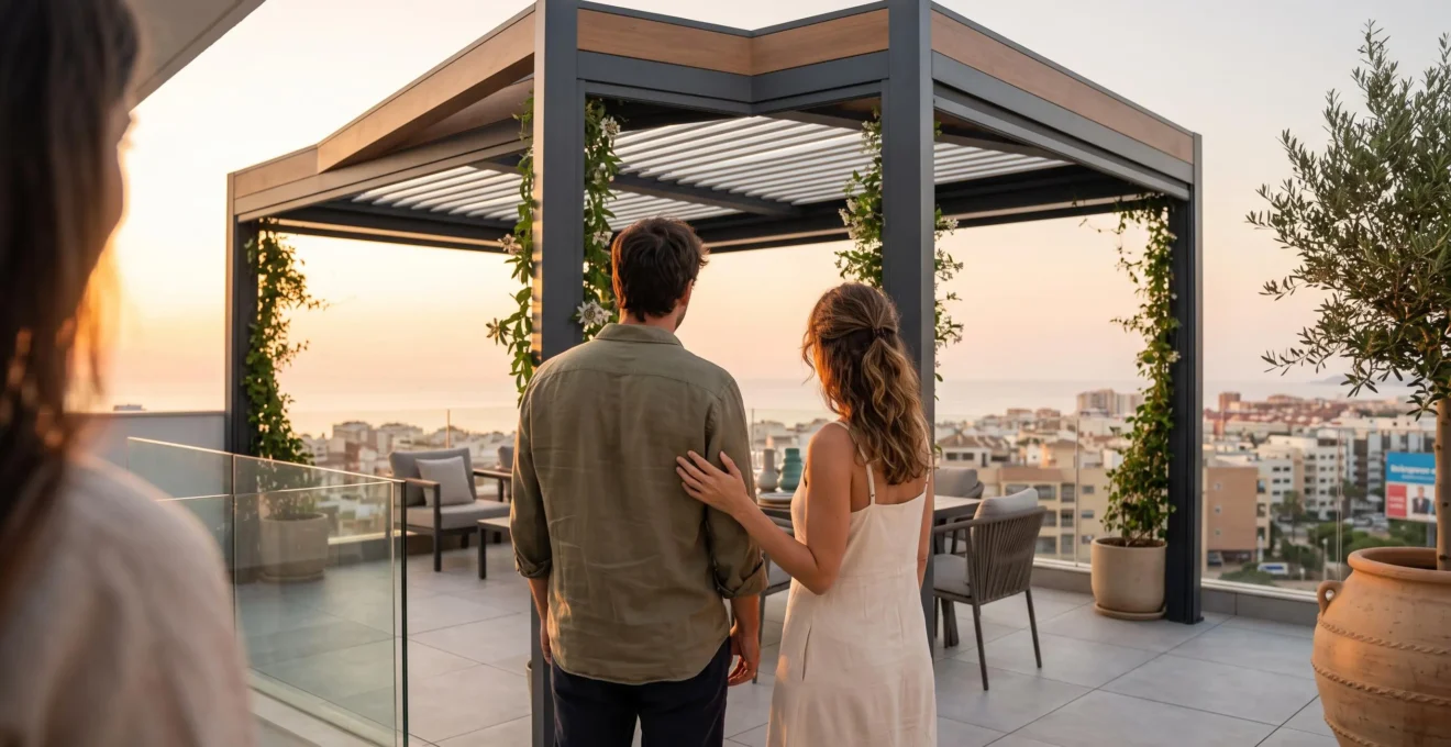 Una pareja de espaldas contempla una pérgola bioclimática moderna instalada en una terraza contemporánea española durante el atardecer