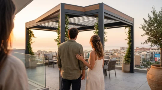 Una pareja de espaldas contempla una pérgola bioclimática moderna instalada en una terraza contemporánea española durante el atardecer