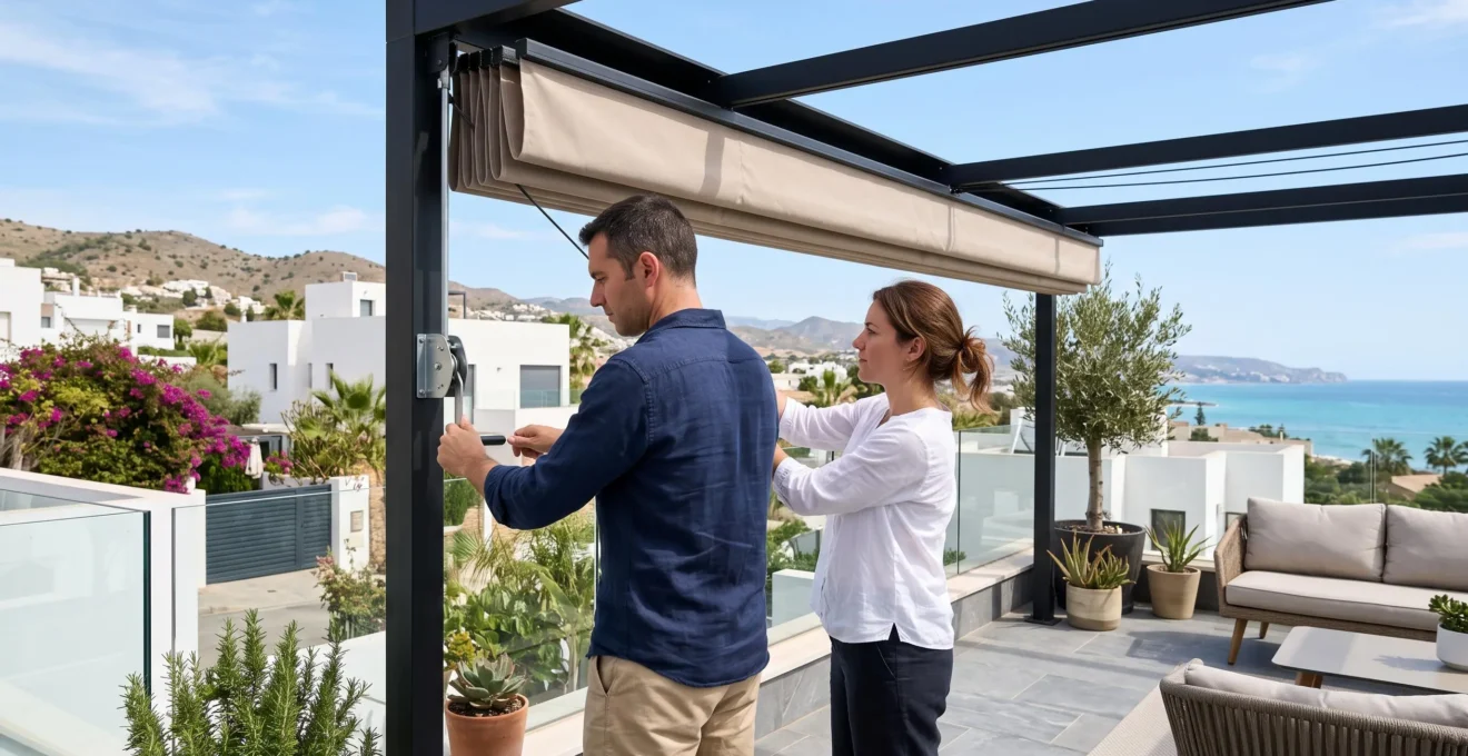 Pareja vista de perfil ajustando el mecanismo retráctil de una pérgola en una terraza moderna española, acción natural sin contacto visual con la cámara, ambiente contemporáneo con luz natural diurna
