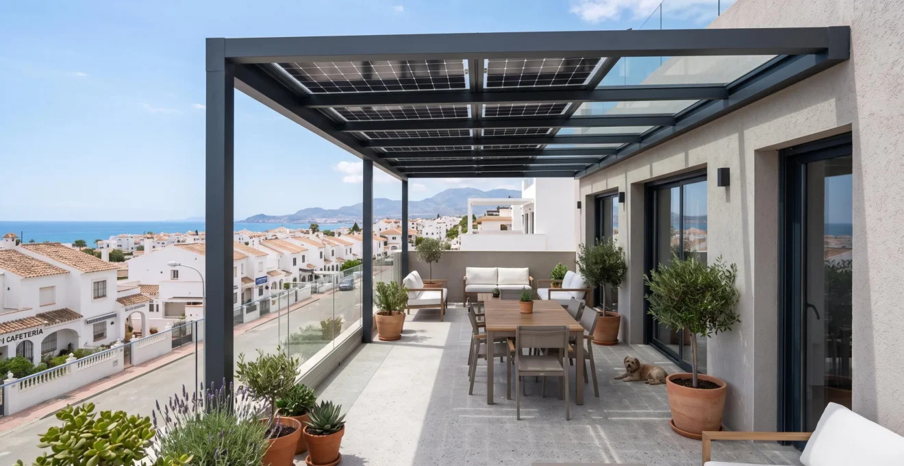 Pérgola solar moderna con paneles fotovoltaicos integrados cubriendo una terraza contemporánea en España bajo luz natural brillante