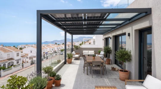 Pérgola solar moderna con paneles fotovoltaicos integrados cubriendo una terraza contemporánea en España bajo luz natural brillante