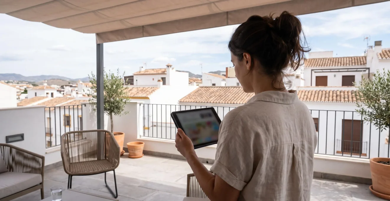 Persona vista de espaldas sentada en silla de terraza moderna consultando tableta digital bajo sombra proyectada por toldo cofre en ambiente mediterráneo luminoso
