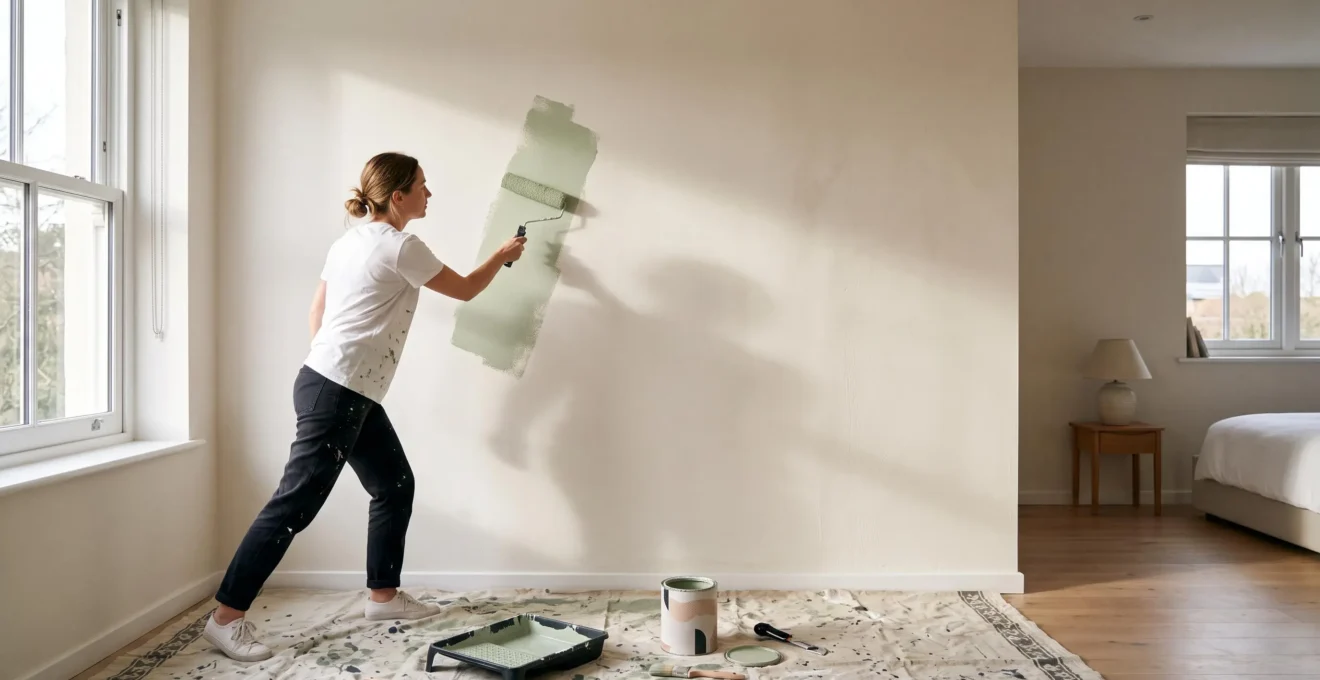 Persona aplicando pintura con rodillo sobre una pared clara en un dormitorio luminoso, con luz natural suave y composición editorial de revista de decoración.