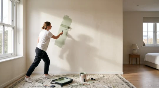 Persona aplicando pintura con rodillo sobre una pared clara en un dormitorio luminoso, con luz natural suave y composición editorial de revista de decoración.