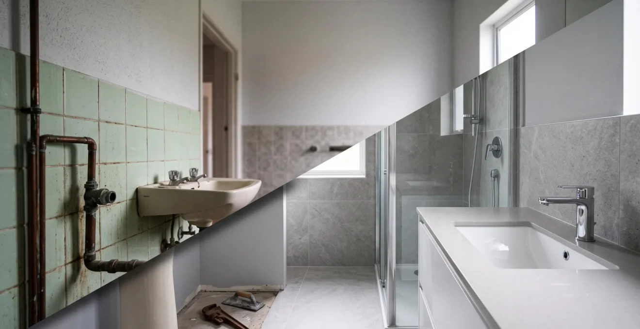 Cuarto de baño moderno a medio reformar que simboliza la decisión entre una reforma integral y una actuación parcial