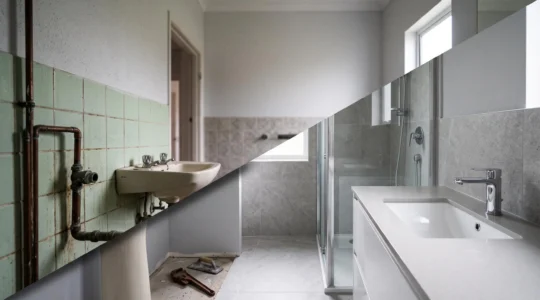 Cuarto de baño moderno a medio reformar que simboliza la decisión entre una reforma integral y una actuación parcial