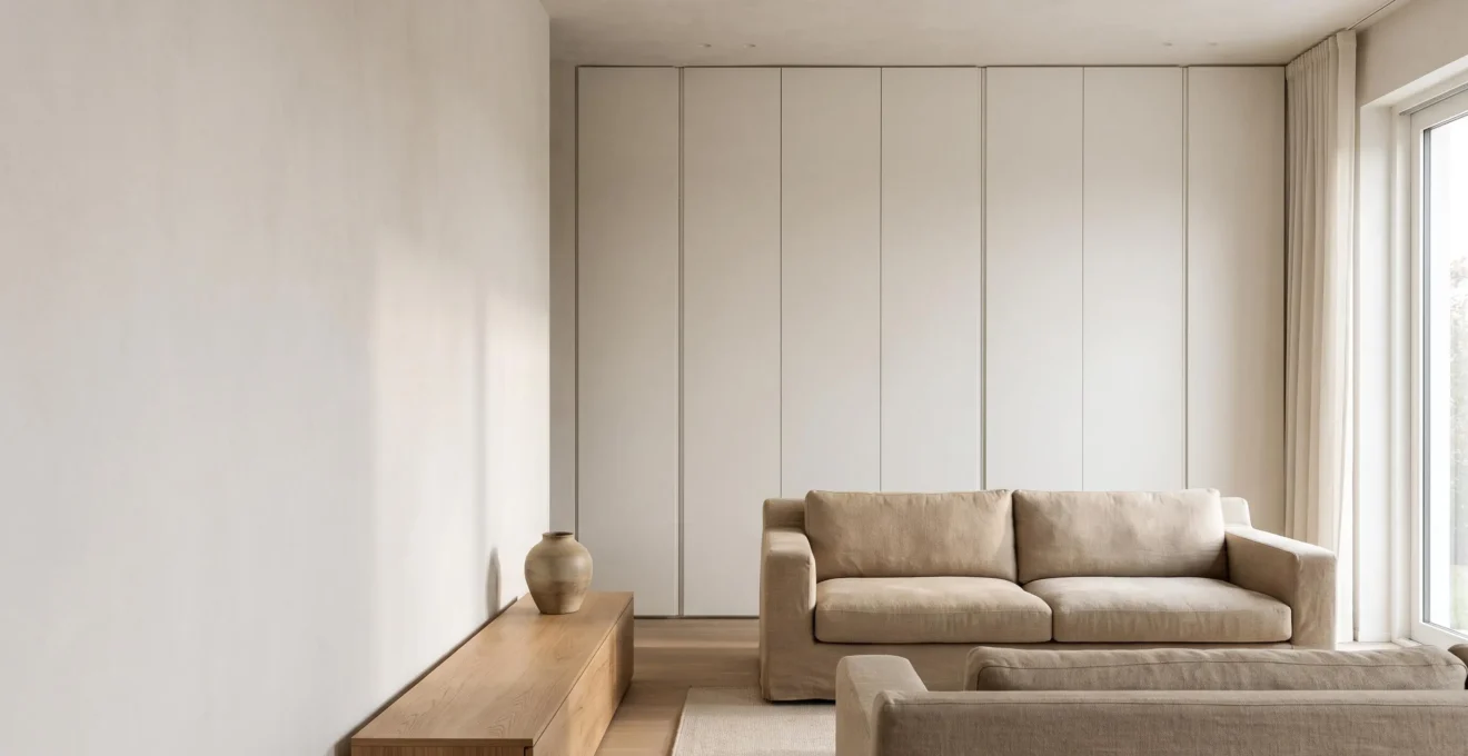 Salón moderno y luminoso con soluciones de almacenaje integradas y ninguna superficie desordenada a la vista