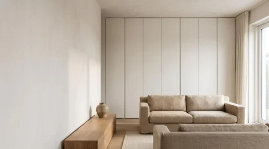 Salón moderno y luminoso con soluciones de almacenaje integradas y ninguna superficie desordenada a la vista